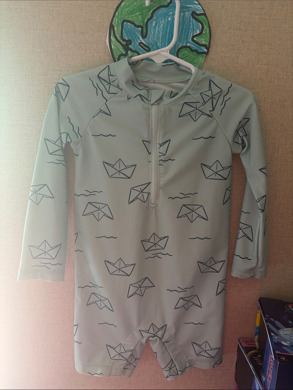 Carter's Light Mint Green Long-Sleeve One-Piece Swimsuit with Navy Boat Print